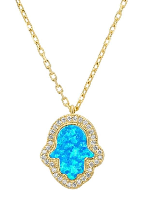 Close-up of the blue opal hamsa hand.