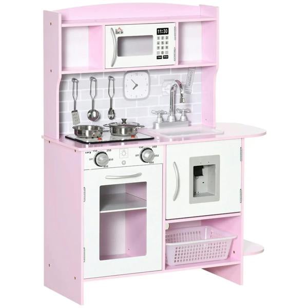 Pink kids kitchen playset with microwave, sink faucet, cooktop, oven, and storage cabinets