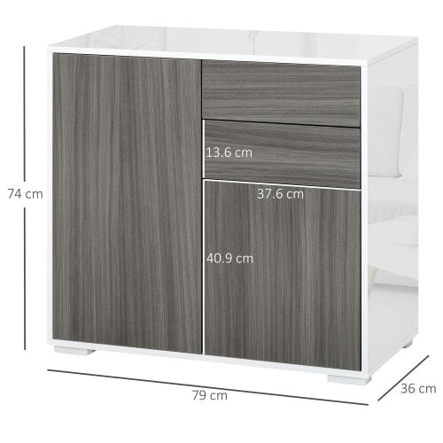 Wyld Haus Luel High Gloss White and Grey Wood Effect Compact Sideboard With Push Open Drawer and 2 Doors