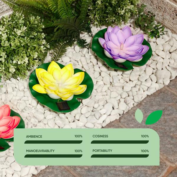 Gardenwize Pack of 3 Solar Floating Lotus Lights – Warm White LED Pond Lights