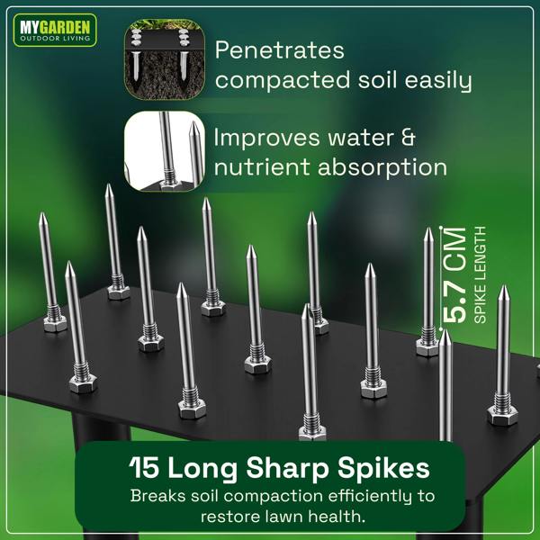 My Garden Outdoor Living My Garden Lawn Aerator Tool with 15 Spikes Built-in with 3 Extra Spikes - 98cm Long Manual Lawn Spike Aerator with T-Handle