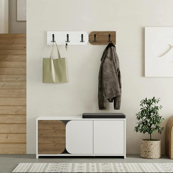 Decortie Modern Moni Shoe Cabinet 3-Door Storage Cabinet with 5-Hook Organiser Set Fabric Seat