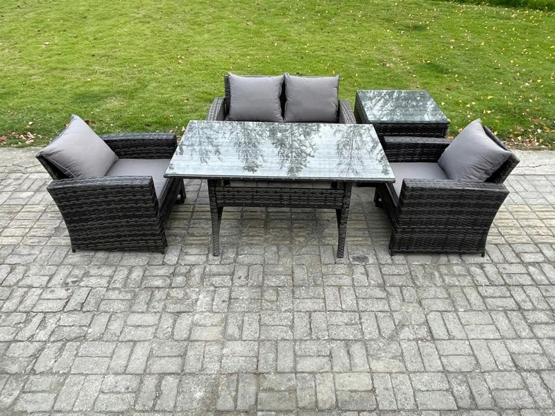 Fimous PE Wicker Outdoor Garden Furniture Set Patio Furniture Rattan Rectangular Dining Table Lounge Sofa with Side Table