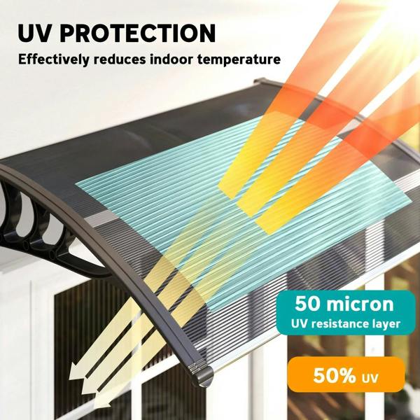 Black curved rain shelter canopy over a door with translucent cover