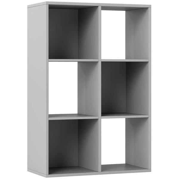 Light grey 6-cube bookshelf with six open square storage compartments
