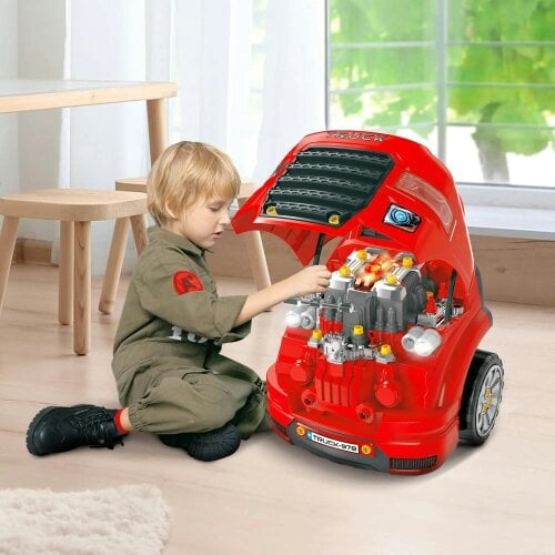 Bobobiy Kids Truck Engine Toy Set, Toddler Educational Car Service Station Playset, Take Apart Workshop, Light, for 3-5 Years Old Red