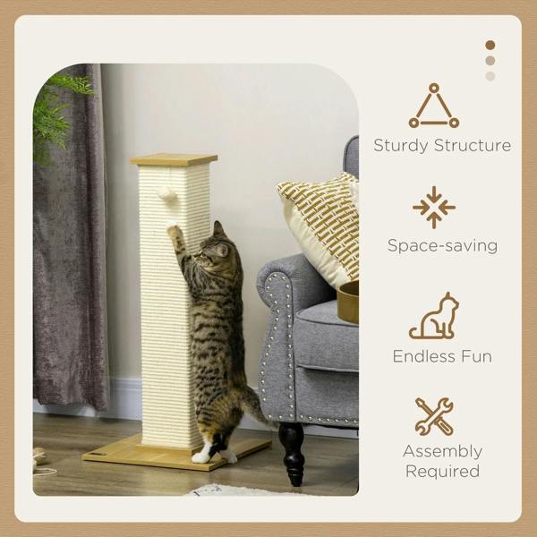 Cream sisal scratching post with wooden base and hanging plush ball for cats