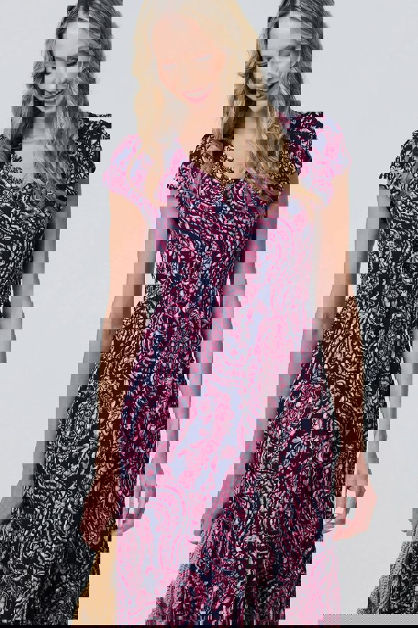 Navy | Paisley Cap Sleeve Lace Trim Maxi Dress
