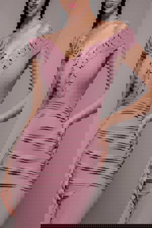 Off The Shoulder Frill Gathered Maxi Dress - Rose Pink DR4204