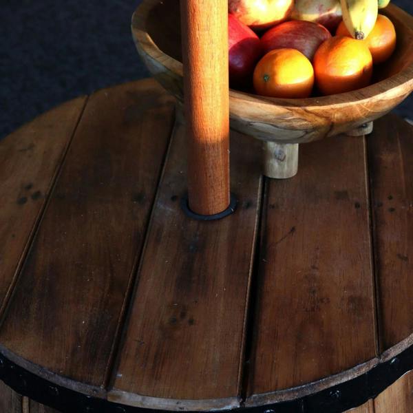 Natural wood barrel table top with umbrella pole and serving tray opening