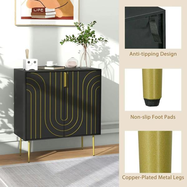 Black sideboard cabinet with gold-tone curved line doors and gold legs with non-slip pads