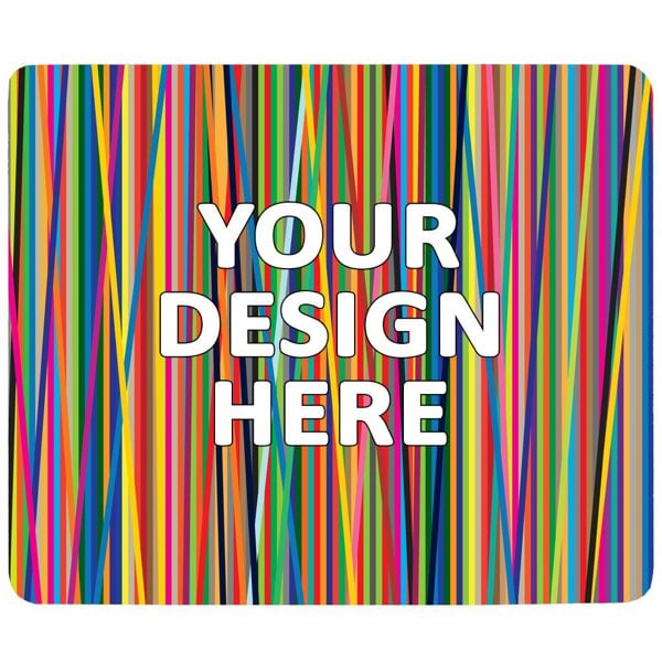 Mouse mat with vibrant vertical stripes in multiple colors and bold white text reading "Your Design Here".