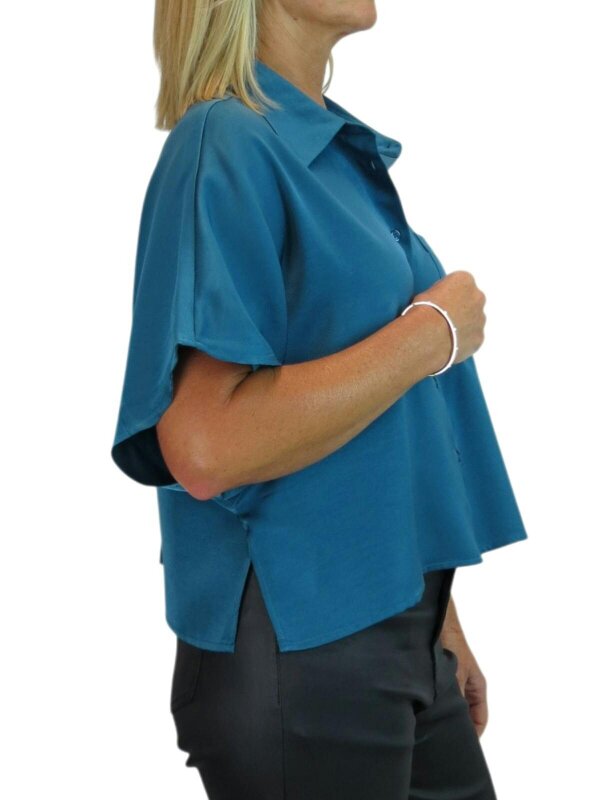 Paulo Due Women's Cropped Satin Shirt Short Sleeve Batwing Blouse