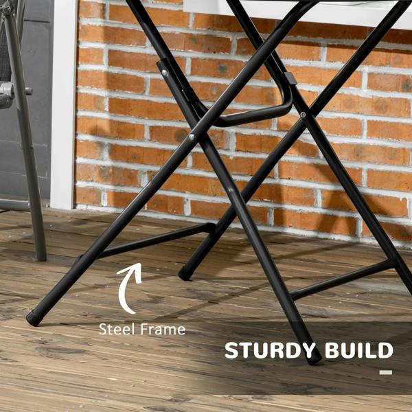 Round foldable garden table with black steel frame and cross-brace legs