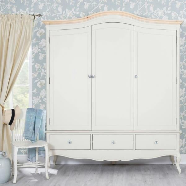 Statement Furniture Juliette Large 3 Door Wardrobe. French Style Triple Wardrobe with Crystal Handles