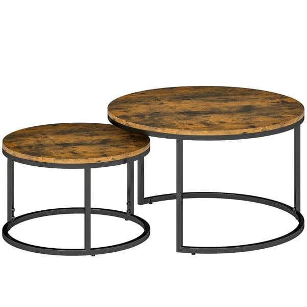 Set of two round nesting tables, rustic brown wood-effect tops, black metal frames