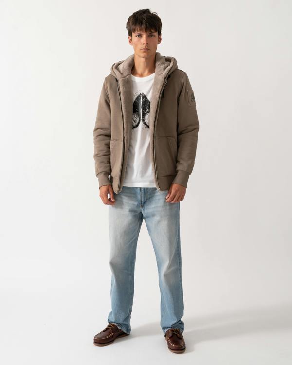 full length of a model wearing a Moose Knuckles Classic Bunny 3 Mens Fleece Hoodie in Ashen 2019