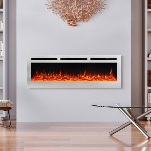 Silver 2kW Electric Fireplace 12 Flame Colour Recessed Fire with 2 Heat Settings Wall Mounted Fires Living and Home