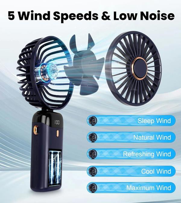 Dyzi 2-in-1 Portable Travel Mini Handheld Desk Table Fan USB-C Rechargeable Dark Blue