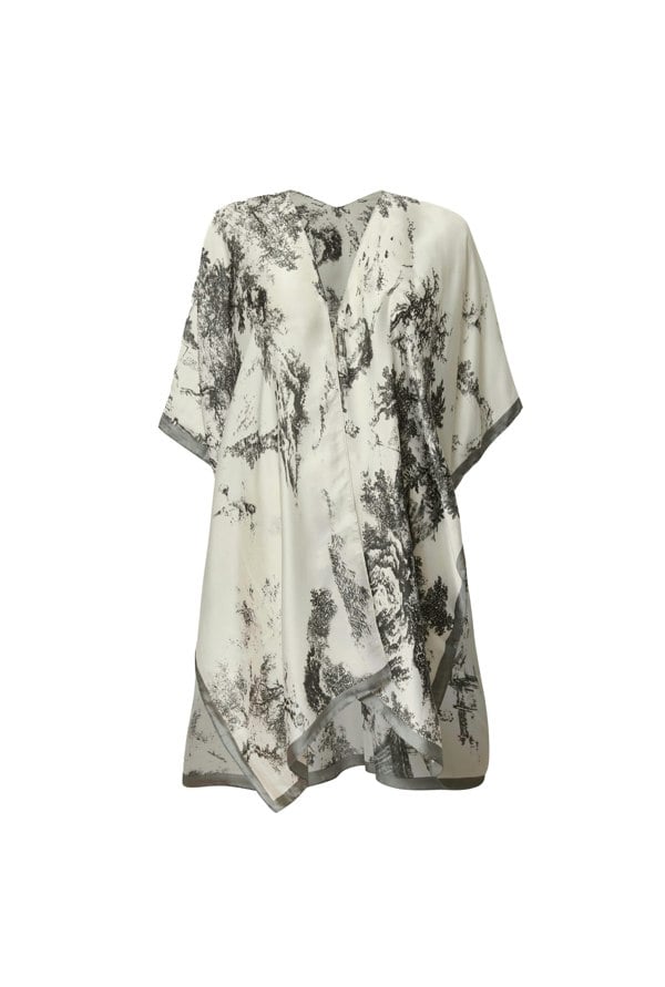 Black-and-white marble print kaftan, relaxed fit 