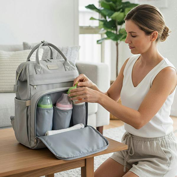 Anysort Grey Mommy Diaper Bag With Changing Pad Maternity Backpack for Moms