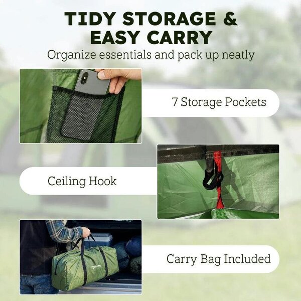 4 Person Easy Setup Family Camping Tent with 2 Rooms, Waterproof Tunnel Tent w/ Sewn In Groundsheet, Green & Grey