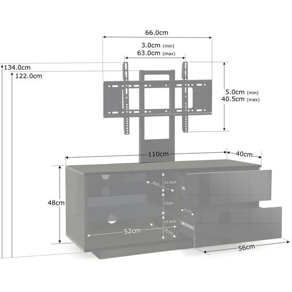 Homeology GALLUS Gloss Black with 2-Black Drawers and 3-Shelves 32"-55" LED/LCD/Plasma Cabinet TV Stand with Mounting Arm