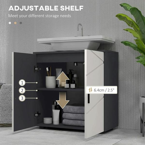 Light grey under-sink cabinet with adjustable interior shelf behind double doors