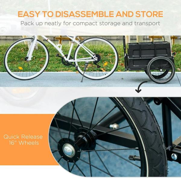 Folded bicycle cargo trailer and 16-inch wheels shown alongside the bike hitch