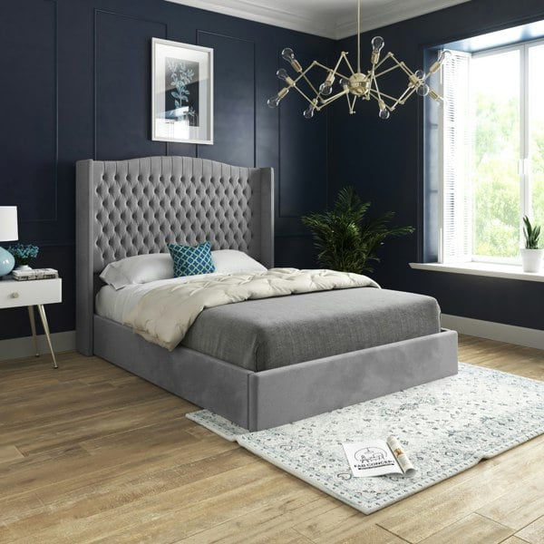Casa Magna Rana Curved Top Winged Upholstered Soft Velvet Bed Frame - Grey
