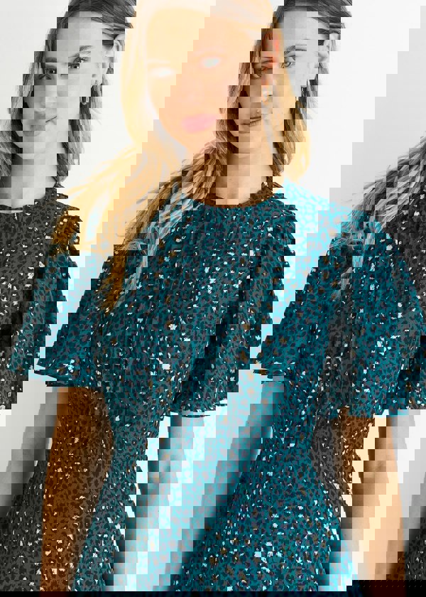 Gini London Green Animal Print Smock Tiered Midi Dress