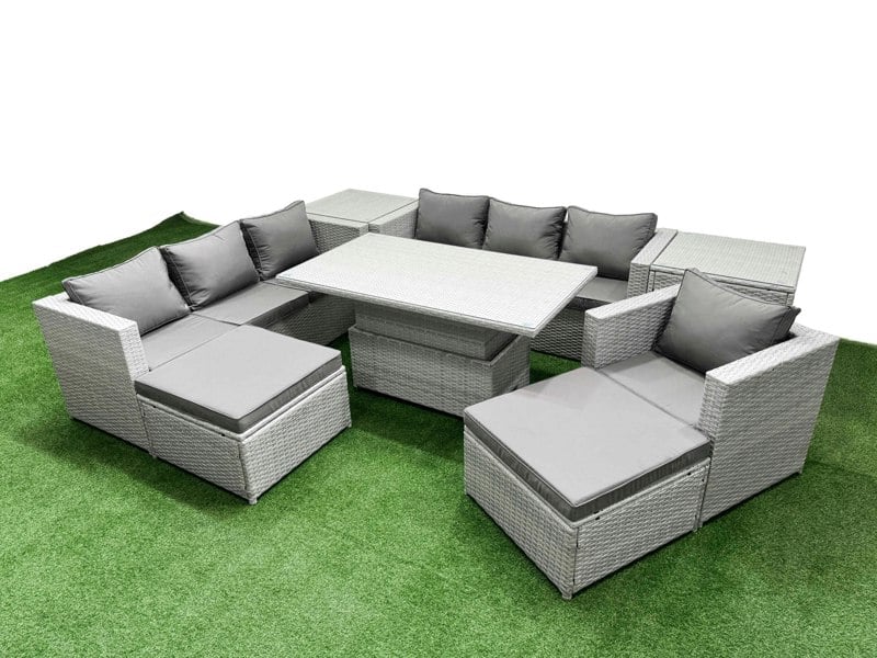Fimous 7 PCs Rising Dining Table Set Rattan Furniture Set with 3 Seater Sofa Chair 2 Big Footstool 2 Side Tables Light Grey