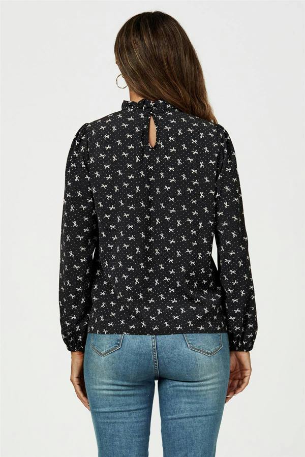 FS Collection Bow Print Frill Detail High Neck Top In Black