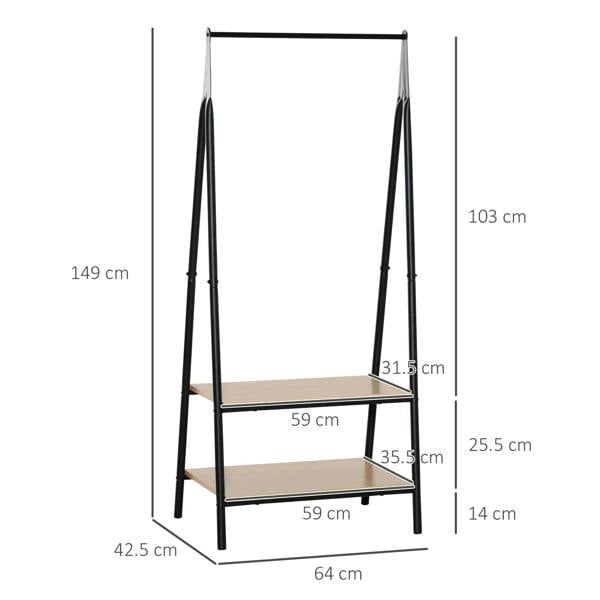 Freestanding clothes rail with two-tier shelves, black frame, and hanging bar