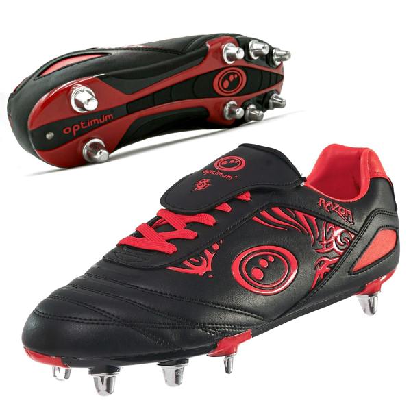 Black and red Optimum Razor rugby boot showing sole and eight studs on white background - Optimum