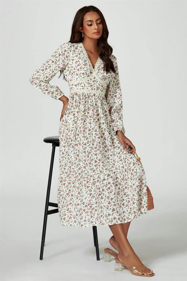 FS Collection Floral Print Long Sleeve Midi Dress In White