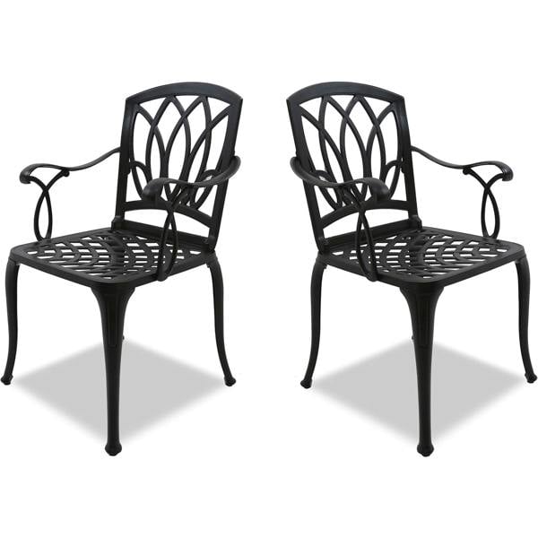Homeology POSITANO 2-Large Garden and Patio Bistro Chairs with Armrests in Cast Aluminium Black