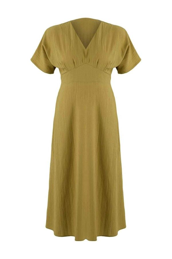 WOVCOR V-Neck Short Sleeve Textured Fabric Woven Maxi Plus Size Dress