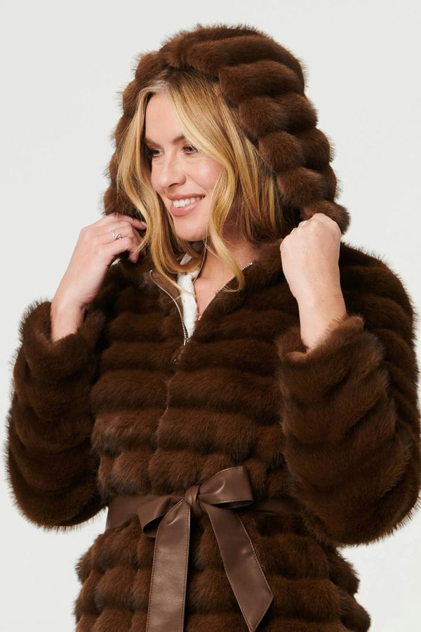 Brown | Faux Fur Striped Tie Waist Longline Coat
