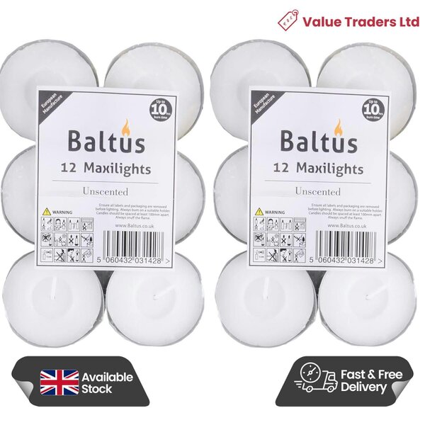 Baltus Unscented Maxi Tealight Candles, Pack of 12, Up to 10 Hour Burn Time