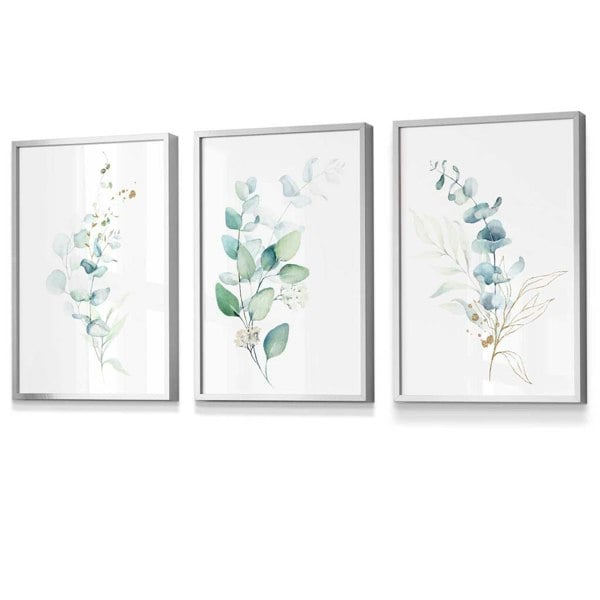 Artze Wall Art Set of 3 Framed Eucalyptus Blue Green and Gold Splash Prints