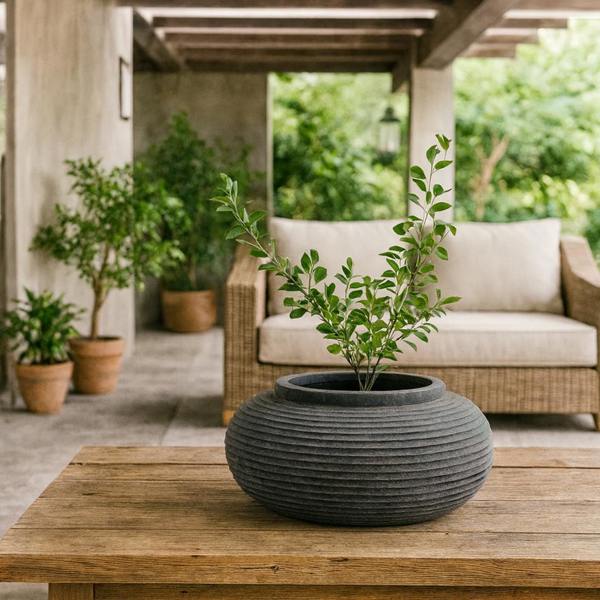 Wyld Haus Dark Grey Low Round Etched Garden Planter