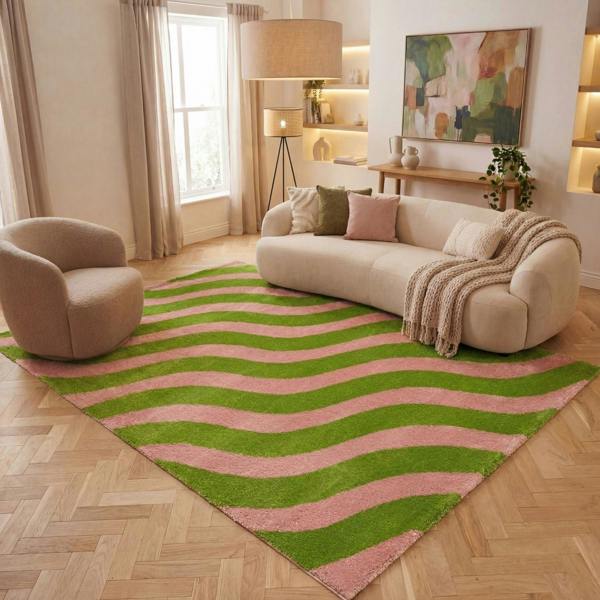 Wavy patterned fabric with green and pink wavy lines rug