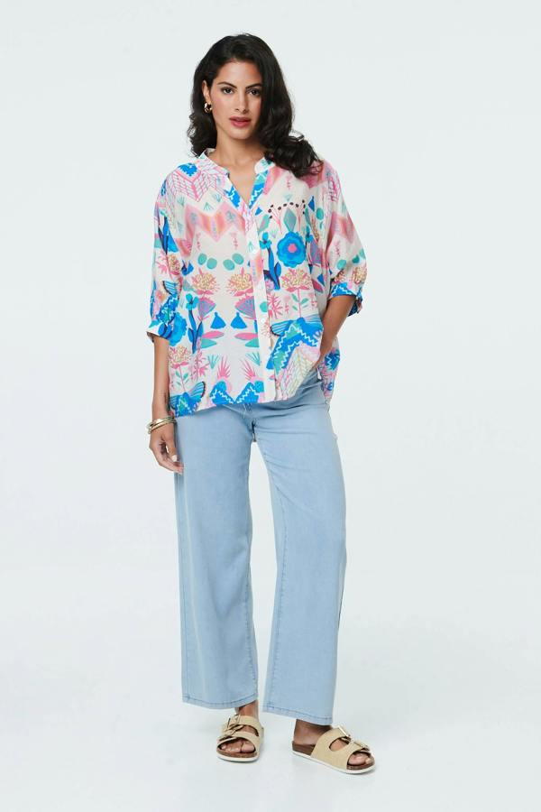 White | Abstract 3/4 Sleeve Relaxed Curve Shirt