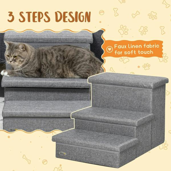 Light grey 3-step pet stairs with soft upholstered fabric and built-in storage steps