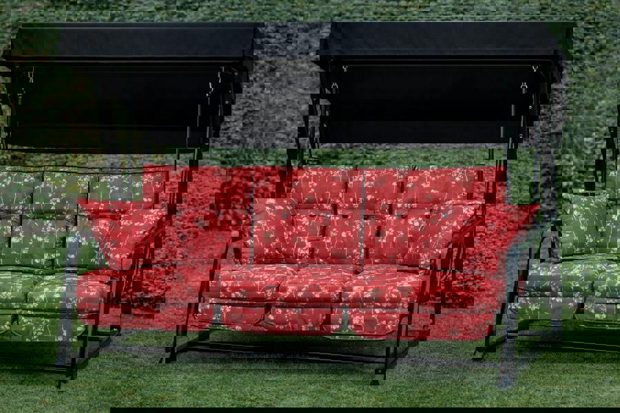 REPLACEMENT CUSHION ONLY Vienna Deluxe 3 Seater Garden Hammock (Pattern options available) 153cm (H) x 140cm (W) X 121cm (D) Renaissance Rouge (Black Frame) The Garden Furniture Shop