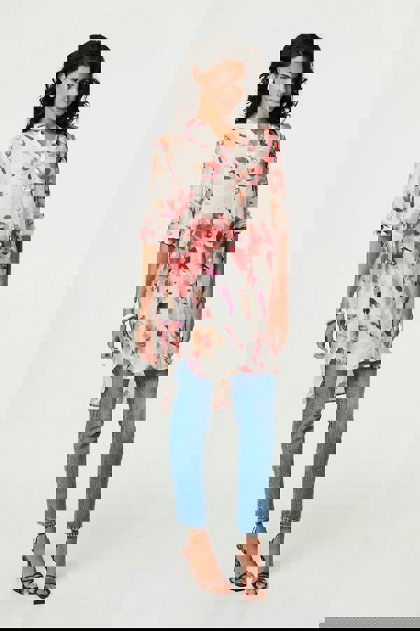 Pink | Floral Long Sleeve Longline Shirt Dress
