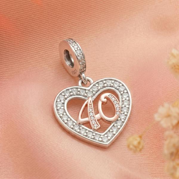Parus Home 40th Birthday Charm Pandora Compatible 925 Sterling Silver Heart Dangle, Bracelet Gift for Her