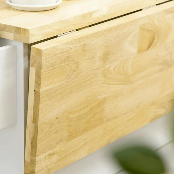 Light wood drop-leaf countertop edge on white rolling kitchen island