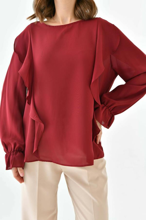 Hoxton Gal Oversized Frilled Front Blouse with Detailed Cuffs in Burgundy